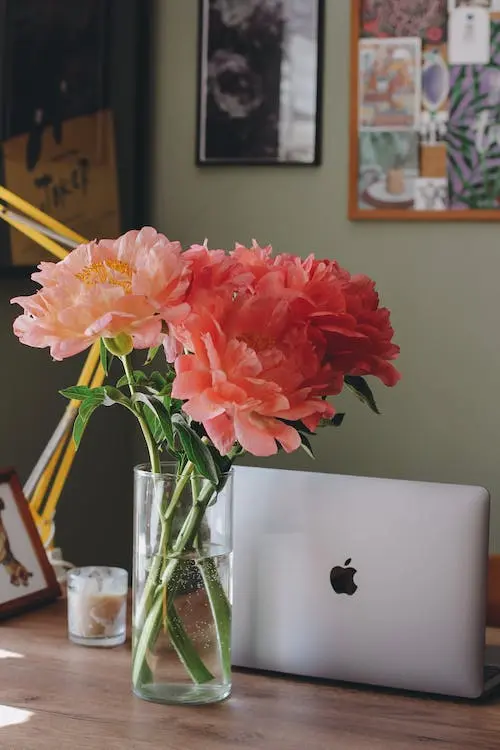 Ноутбук і ваза з квітами